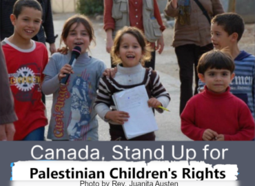 Palestinian children with a sign saying 'Canada stand up for Palestinian children's rights'