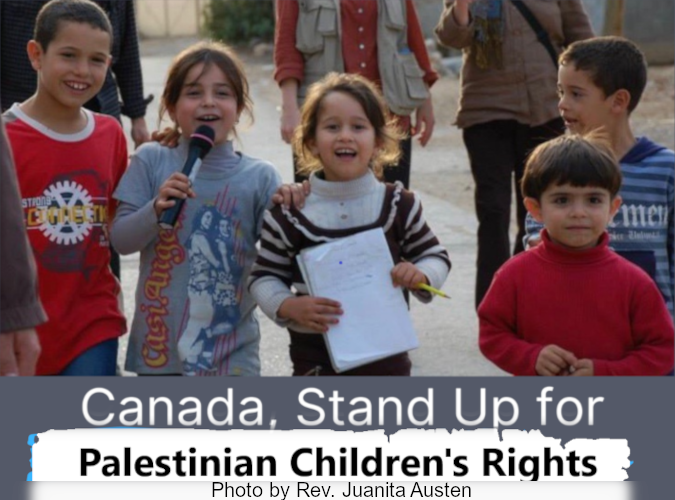 Palestinian children with a sign saying 'Canada stand up for Palestinian children's rights'